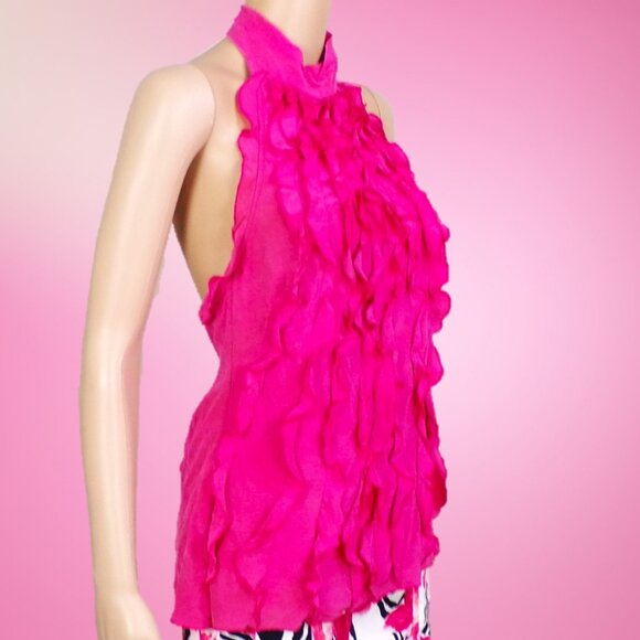 SILK! BCBGMAXAZRIA size XXS fuchsia sleevelesss frilly backless top 100% silk - Picture 4 of 14